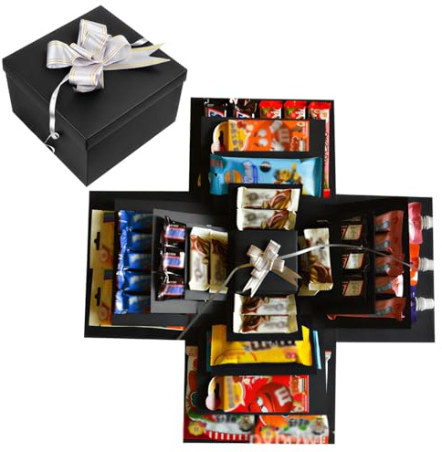 5 Layer Explosion Gift Box, Candy Snack Surprise Box with Tape, Ribbon & Garlands, DIY Cardboard Gift Boxes for Presents, Creative Present Boxes for Birthdays, Holidays & Anniversaries (Black)