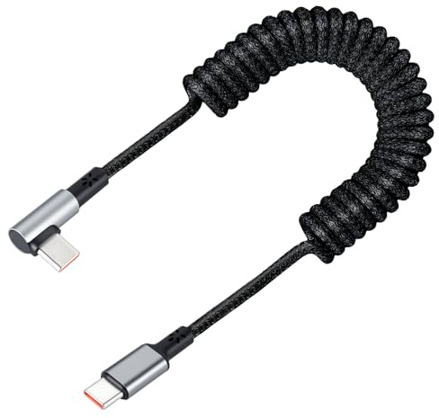 Cavo a spirale da 240 W USB C a USB C a 90° – Cavo di ricarica rapida e cavo dati, estensibile da 0,3 – 1,5 m, PD 3.0/QC 3.0, Coiled Type-C per Samsung Galaxy, Huawei, per Google Pixel, cavo di