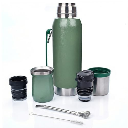 BOTTOSO Kit Mate Argentino Completo de 1L | Set de Mate con Termo de Acero Inoxidable Doble Pared | Incluye Mate, Bombilla y 2 Picos Cebadores Antiderrames (Verde)