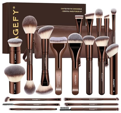 MAGEFY Make-up Pinsel 26-in-20 Professionelles Makeup Pinselset Doppelseitige Make-up-Pinsel für Puder, Concealer, Lidschatten, Rouge und Konturierung sowie Foundation Pinsel mit Etui - Kaffeegold