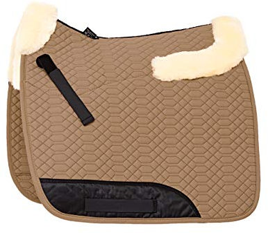 Engel Reitsport | SCHABRA4-D-CAM-MED | Schabracke | Lammfell im Sattelbereich - Half Lined | Steppstoff | Fellkranz vorne & hinten | Dressur | Stoff Camel Hellbraun Fell med.
