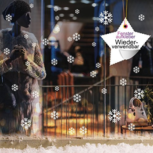 60 Stk. Schneeflocken und Sterne selbstklebend Fensterschmuck Weihnachten Fensterbild Weiß WIEDERVERWENDBAR Schaufensterdekoration Sticker Aufkleber Weihnachtsdeko Deko