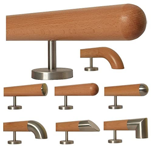 Buche Holz Treppe Handlauf Geländer Griff gerade Edelstahlhalter, Länge 30 - 500 cm aus einem Stück / zum Beispiel Länge 370 cm mit 5 gerade Halter - Enden =Halbkugel gefräst