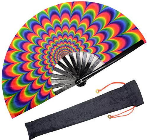 OMyTea Large Bamboo Rave Festival Folding Hand Fan for Men/Women - Chinese Japanese Handheld Fan with Fabric Case - for Electronic Dance Music Party, Performance, Decorations, Gift (Trippy)