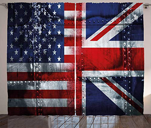 ABAKUHAUS Union Jack Rustikaler Gardine, Allianz UK und USA, Schlafzimmer Kräuselband Vorhang mit Schlaufen und Haken, 280 x 175 cm, Weiß Blau