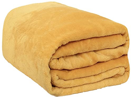 Brentfords Flannel Fleece Blanket for Bed, Super Soft Cosy Warm Ochre Yellow Mustard Throw for Sofa Small Blanket Lightweight Fluffy Single Bed Throw, 120 x 150cm