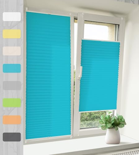 Vkele Plissee ohne Bohren Klemmfix – Faltrollo Jalousie Blau 50x130cm(BxH), Lichtdurchlässig & Blickdicht, Sonnenschutz & Sichtschutz, Easyfix Rollo für Fenster & Tür
