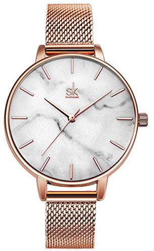 Alienwork Armbanduhr Damen Roségold Metall Mesh Armband Edelstahl Weiss Ultra-flach Elegant