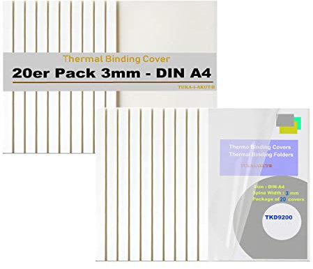 TUKA-i-AKUT [ 20x A4 3mm ] Thermobindemappen A4, Rückenbreite 3 mm, 20 Stück Thermo-Bindemappe für Thermo-Bindemaschinen, Bindergeräte, Binderücken | 20er Pack in Weiß, TKD9200 White A4-20x