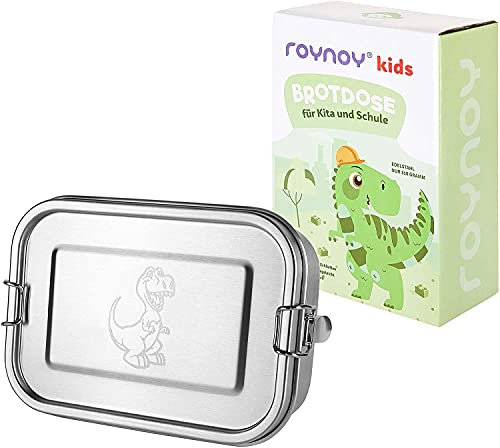 roynoy | Edelstahl Brotdose Kinder | wasserdicht | mit Trennwand | Bento Box Kinder | Frühstücksbox | für Kindergarten Kita Schule (Dino)