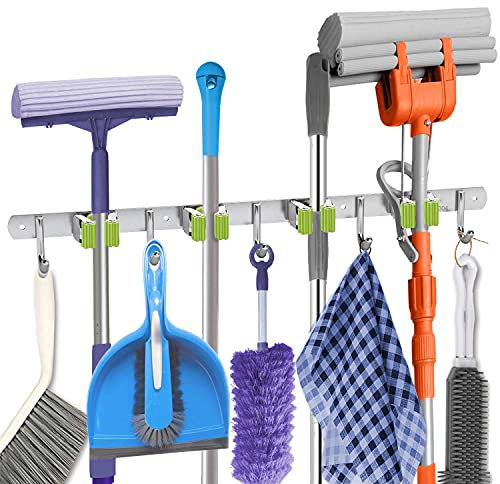 Besen Halter, FENOMO Wandmontage Edelstahl Besen Halter, selbstklebend robuste Haken Aufbewahrung Organizer mit 4 Racks und 5 Haken für Zuhause, Waschküche, Garten, Garage, Schrank