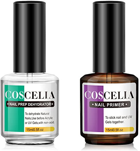 COSCELIA Nail Prep Deshidratador y Nail Primer No Burn No Acid Nail Primer y Deshidratador para Polvo Secado Rápido 15ML Nail Primer Set