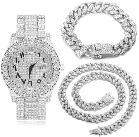 Halukakah Diamanten Gold Uhr Iced Out, Herren Römische Zahlen Platin Weißgold Vergoldetes Quarzarmband 24cm, mit Kubanische-Kette Armband 20cm + Halskette 45cm, Kostenlose Geschenkbox