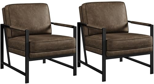 Yaheetech Sessel 2er Set Retro Loungesessel aus Kunstleder, Relaxsessel mit Rückenlehne, Einzelsessel mit Metallrahmen, für Wohnzimmer/Empfangsraum/Büro, Dunkelbraun