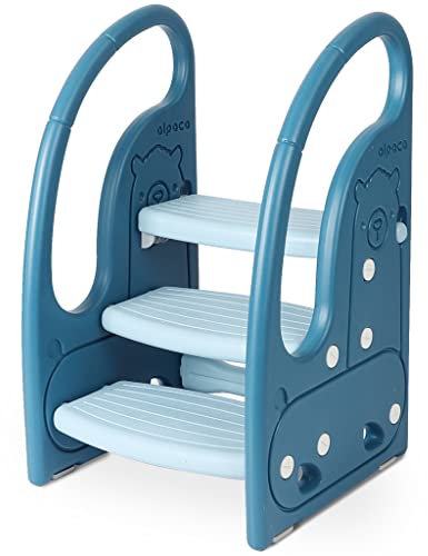 Onasti Step Stool for Kids, 3-Step Height Adjustable Toddler Step Stool, Plastic Learning Tower, Kitchen Helper, Toilet Steps with Handles and Non-Slip Pads, for Counter, Bathroom & Sink (Blue)