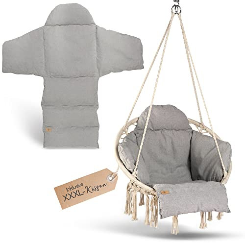 BELLAMATILDA® Premium Hängesessel mit Korb & XXL Kissen - Outdoor & Indoor Hängeschaukel für Erwachsene - Hängesitz/Hängestuhl für Garten, Wohnzimmer, Balkon, Terrasse - Hängekorb bis 150kg (Grau)