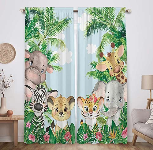 Allenjoy Safari-Tier-Fenstervorhang, Cartoon-Dschungelwald-Druckvorhänge, Heimdekoration, Stangentasche, verdunkelnd, Verdunkelungsvorhänge für Baby, Kinderzimmer, Wohnzimmer, 208.3x213.4 cm