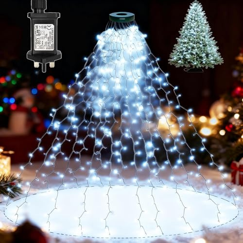 Dekofun Christmas Tree Lights 400 LED 2m X 16 Strands Plug in Tree Net Lights with Ring, 8 Modes Cascading Twinkle Light Outdoor Waterproof Waterfall String Light for 4ft - 8ft Tree Decor - White