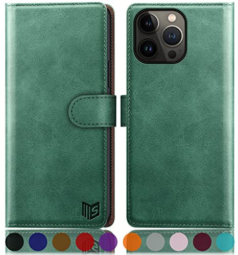 SUANPOT for iPhone 14 Pro 6.1 inch case with [Credit Card Holder][RFID Blocking],PU Leather Flip Book Protective Cover Women Men for Apple 14 Pro Phone case Sea Green
