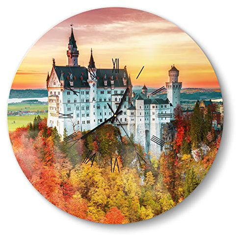 DEQORI Glasuhr | rund Ø 50 cm | Motiv Schloss Neuschwanstein | große XXL Design Uhr aus Glas | leise Wanduhr für Wohnzimmer & Küche | Moderne Hingucker Uhr für die Wand