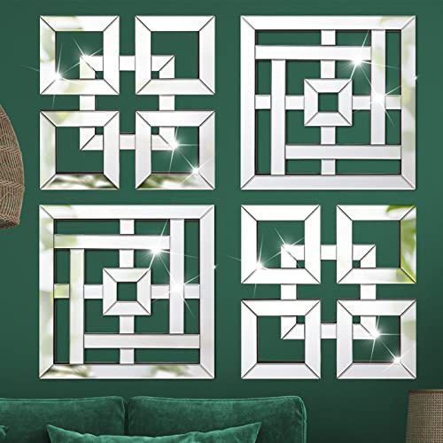 Geelin 4 Stück Dekor Silber Spiegel 30x20 cm Quadratisch Verspiegelte Wanddekoration Dekorative Akzentspiegel, Moderne Mode DIY Wandmontage Spiegel Dekor für Zuhause Schlafzimmer Wohnzimmer Badezimmer