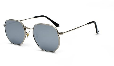 WDZAYXC Mode polygonale Sonnenbrille für Damen und Herren,Leicht Metallrahmen Brille,UV400 Schutz(Silber/Quecksilber)