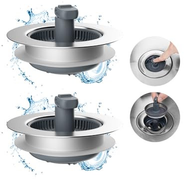 Hibbent 3 in 1 Kitchen Sink Drain Strainer and Stopper Combo, Chrome Stainless Steel Wraped Shell, Anti-Clogging Basket Strainer with Foldable Handle for US Standard 3-1/2 Drain