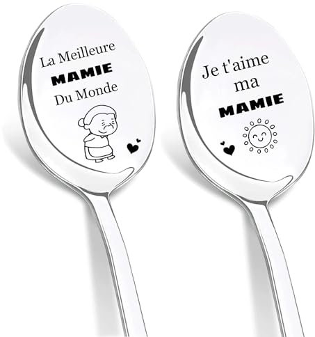 DIKARIYA Cadeau Anniversaire Mamie, Cadeau Fete des Mere pour Mamie, Cadeaux pour Mamies, Cuillère à Café en Acier Inoxydable, Cuillères Gravées Meilleur Mamie du Monde, Idée Cadeau pour Grand-Mères