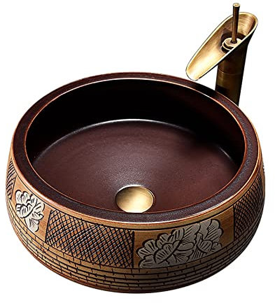 Évier rond de style chinois, évier artistique vintage en céramique avec robinet, bonde escamotable, évier d'art en porcelaine durable pour salle de bain (taille : C)