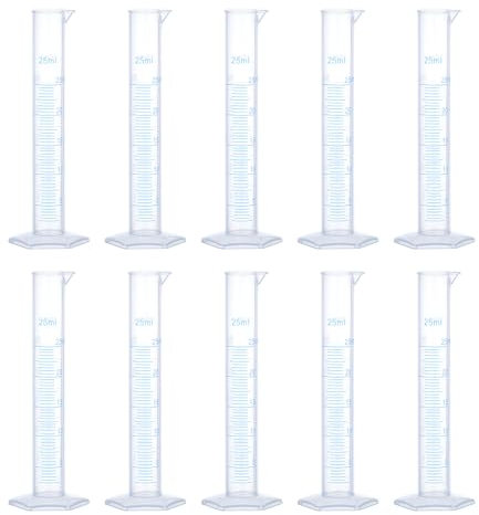 sourcing map Plastic Graduated Cylinder, 25ml Measuring Cylinder, Test Tube Beakers, 2-Sided Metric Marking, Clear Hex Base for Lab Home 10Pcs