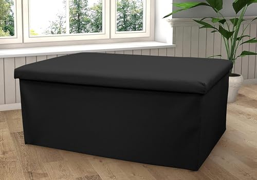 Bluemoon Bedding Storage Ottoman, Padded Foldable Bench, Chest with Lid, Ottoman Storage Box Faux Leather Folding Footstool Rest Seat Storage Hallway, Living Room, (Black, Large 76 x 38 x 38 cm)