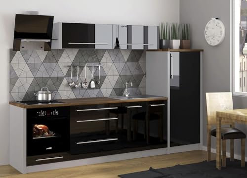 Feldmann Preiswert Wohnen Küchenzeile Platinum Mansardenküche mit Arbeitsplatte 287cm Teilauszug grau Fronten schwarz Hochglanz