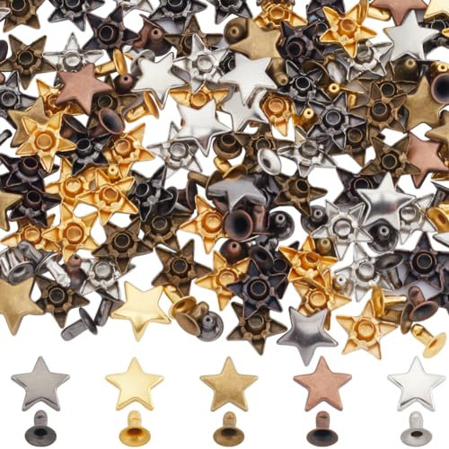 GORGECRAFT 200 Juegos de Remaches de Estrella de 12mm Tachuelas de Cuero de Metal Tachuelas Y Púas Pentagrama Plano de Cinco Puntas Remaches Punk Decorativos para Cinturones Zapatos Oro Plata