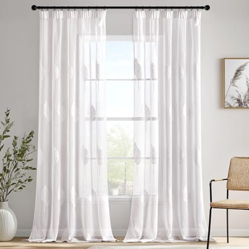 MIULEE Gardinen Vorhänge mit Kräuselband, Vorhang Wohnzimmer Weiß Blätter Muster, Schöne Stickerei Gardine 2er Set Modern Schlafzimmer Fenster H 245 X B 140 cm