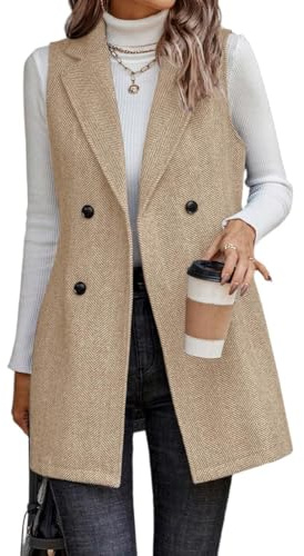 IDEALSANXUN Blazers for Women 2025 Fall Work Outfits Clothes Tops Sleeveless Wool Tweed Herringbone Dressy Suit Jackets, Khaki, M