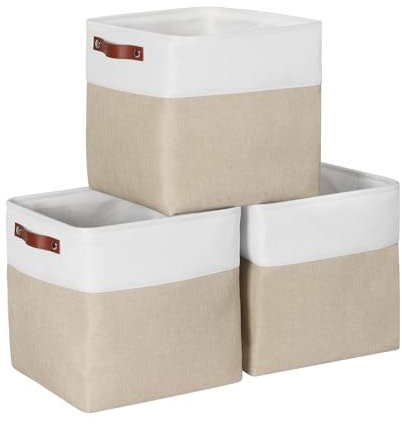 Syeeeix Fabric Storage Baskets for Shelves, 3 Pack Cube Storage Boxes with Leather Handle For Organizing Clothes, Toy s, Home and Office, 30x30x30 cm Collaspsilbe Storage Bins, White&Brown