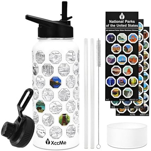 XccMe National Parks Water Bottle with Stickers,32 oz Stainless Steel Insulated Water Bottle with Straw,2 Lids,Leak Proof Metal Water Bottle for Hiking,Travel,Sports,Camping,Wide Mouth Bottle