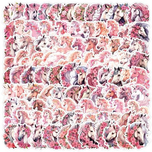 Pink Horse Stickers 100 Pcs Waterproof Cute Cartoon Animal Stickers for Water Bottle Luggage Laptop Skateboard Bike Car Scrapbook Computer Bumper,Vinyl Trendy Funny Horse Sticker for Teens Adults
