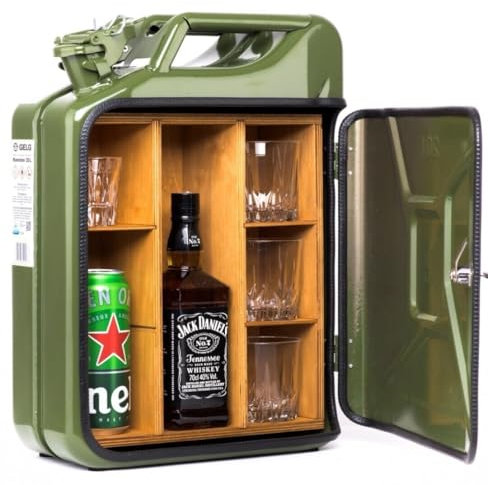 Totoll Shop 20L Kanister Bar inkl. 3 Whisky Gläser- Jerrycan 4 Herausnehmbaren Fächern Grüner Metall Mobile Bar Geburtstagsgeschenk für Männer, Abschließbarer Minibar - Größe: 36x46x18cm