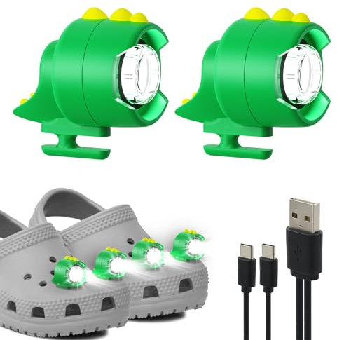 FerrDeery Rechargeable Headlights for Shoes, 2PCS Cute Dinosaur Shoe Charm Lights with 3 Modes, Camping Accessories Shoes Headlights, IPX5 Waterproof Shoe Decoration Light Festival Gift for Kids