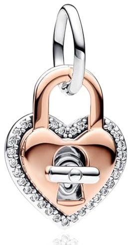 Rimgoris 925 Sterling Silver Charm for Women Bracelets Necklace Rose Glod Lock Two Heart 5A Cubic Zirconia Valentine Birthday Mother's Day Gift Charms for Women