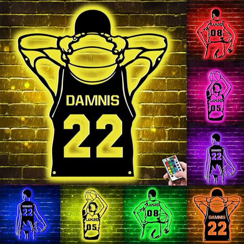 ALICESER Panneau lumineux LED personnalisé en métal pour joueur de basket-ball, décoration d'intérieur, toile de fond murale pour amateurs de sport