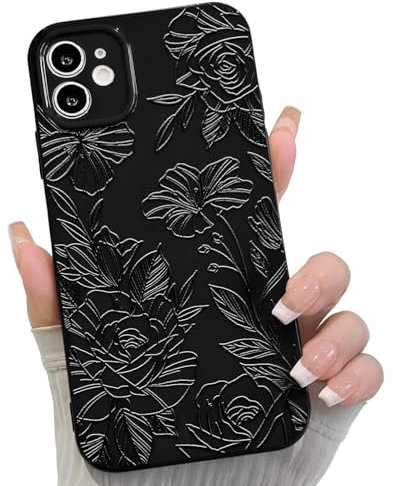 NITITOP Coque pour iPhone 12 Mignon Floral Fleur Rose Ligne Motif pour Femmes Fille Tendance Slim Fit TPU Silicone Antichoc Couverture Protection des Caméras - Noir