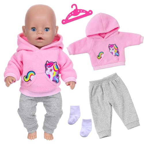 4 Stück Puppenkleidung für 14-18 Zoll Babypuppen, Neue süße Cartoon Puppenkleidung für Babypuppen 35-45 cm, Rosa Pony -Hoodie + Graue Hose + Socken + Kleiderbügel, Puppen Kleidung Geschenk für Kinder