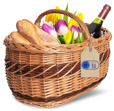 Creative Home Cesta de Mimbre Grande con Asa y Trenza | 52x35x36 cm (+/- 1 cm) Ligera | para Compra Regalo Picnic Plantas Decoración | Tejida a Mano | Marrón Natural | Multiuso, Práctica y Duradera