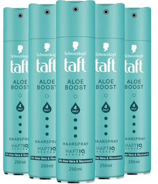 TAFT Haarspray Aloe Boost mit Aloe Vera-Komplex & Niacinamid, Haltegrad 4 (5x 250 ml), Styling Spray für alle Haartypen, Haarspray ohne Silikone für langanhaltenden, nicht klebrigen Halt
