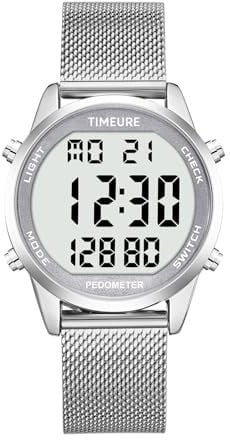 TIMEURE Men's Pedometer Watch with Stainless Steel Bracelet, Step Counter Watch, No App, No Charging Needed, Outdoor Walking, Calorie, Distance, Alarm, Countdown Timer, Silver
