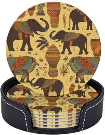 Afrika Elefant Untersetzer 6er Set mit Halter, saugfähige Getränkeuntersetzer für Tischschutz, runde Lederuntersetzer dekorative Couchtisch-Tassenmatte für Heimdekoration