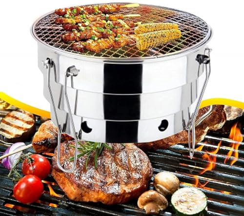 Klappbarer runder Holzkohlegrill, Edelstahl-BBQ-Grills, Kombigrill, Smoker-Grill mit tragbarer Tasche, für Picknick im Freien, Camping, Terrasse, Garten, 28 x 25 cm