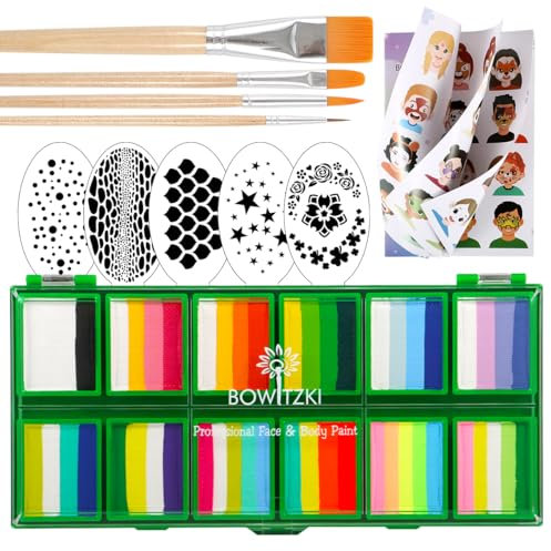 Bowitzki Kit de peinture pour visage professionnel 12 x 10 g pour enfants et adultes avec pochoir, gâteau divisé, non toxique, arc-en-ciel, flore, dauphin, licorne, flamme, maquillage, vert
